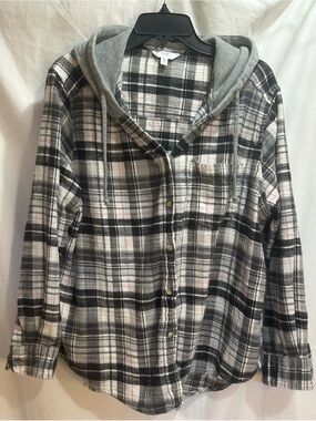Time and Tru Gray Black Plaid Hooded Flannel Shirt.